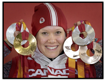 Cindy Klassen showing her five Olympic medals