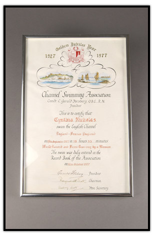 Cindy Nicholas’ certificate for swimming English Channel