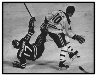 Guy Lafleur runs into Central Red Army’s Valeri Kharlamov