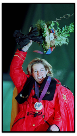 Myriam Bedard celebrating with flowers